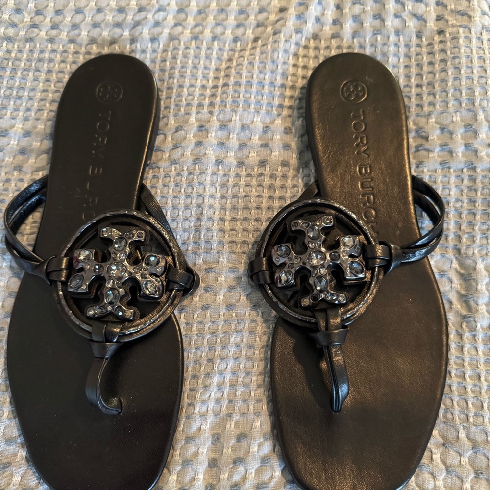 Tory Burch Black Leather Sandals with Jeweled Accents